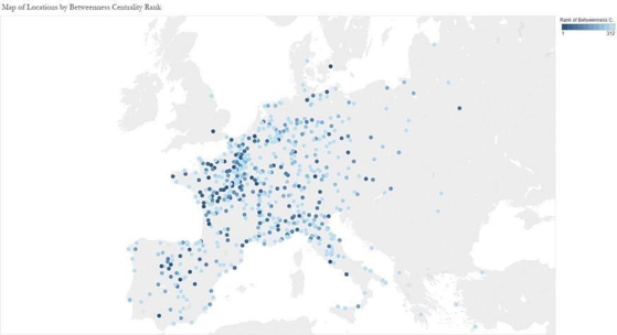 Map route of locations by betweenness centrality rank.