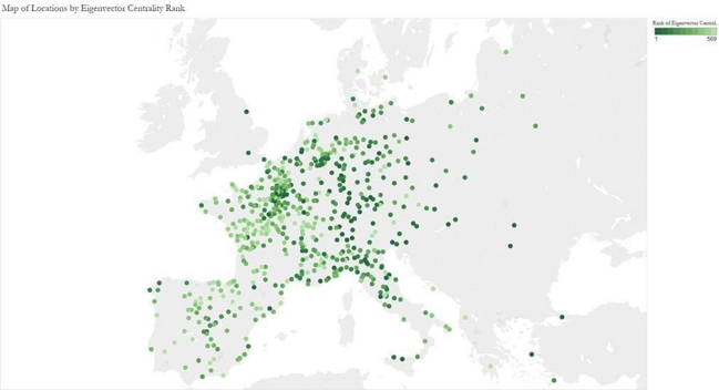 Map route of locations by eigenvector centrality rank.